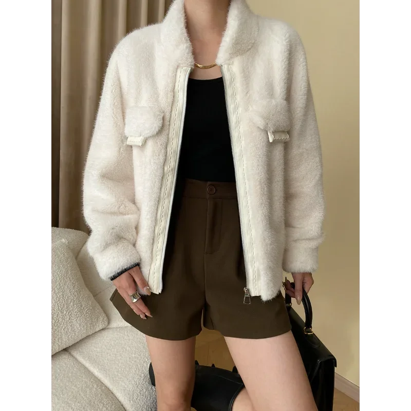 High Quality Casual Stand Collar Fake Fur Jacket Women Fashion Warm Loose Metal Zipper Double Faced Fur Lady Coat Autumn Winter