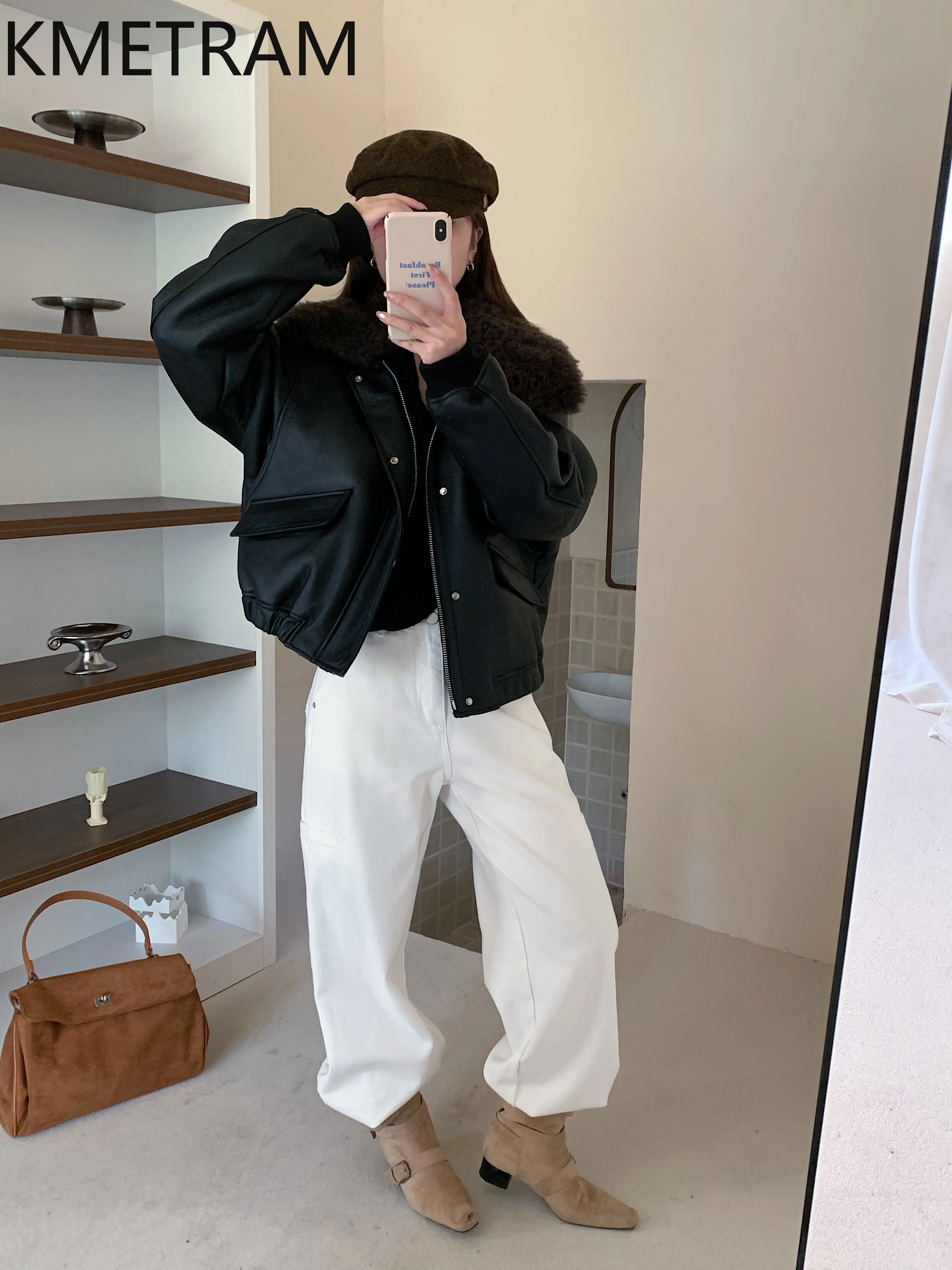 KMETRAM 천연 양가죽 양털 부착 자켓 여성용 블랙 숏 리얼 퍼 자켓 신상 겨울 여성 의류