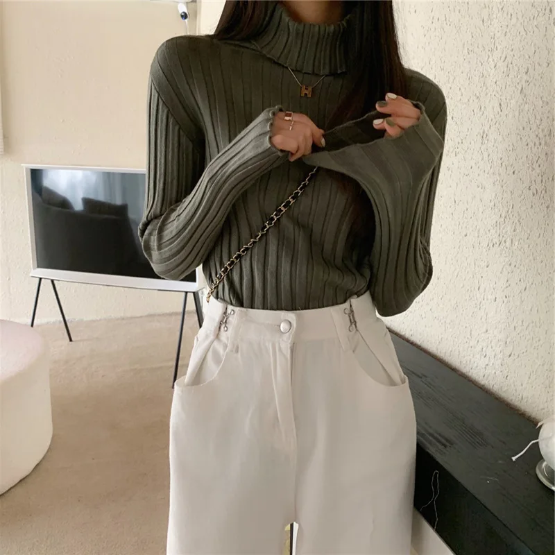 Camisa básica de punto con cuello alto para mujer Cuello de pila Suave y acogedor Otoño Invierno Nuevo estilo Ropa interior Color sólido negro Slim Fit Long S...