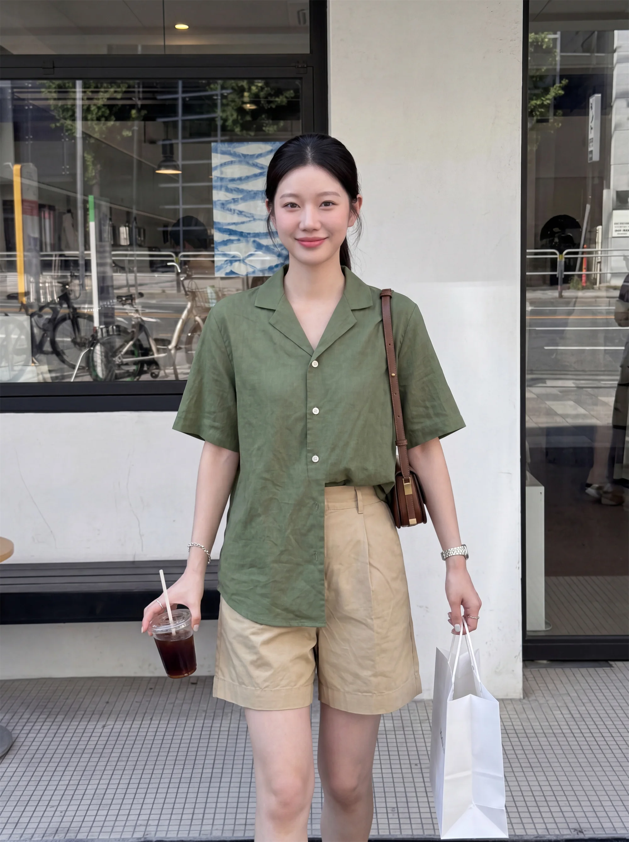 Slimming Green Retro Hong Kong Style Cuban Collar Short Sleeve Casual Shirt Women's Preppy Fashion Summer Trend Top