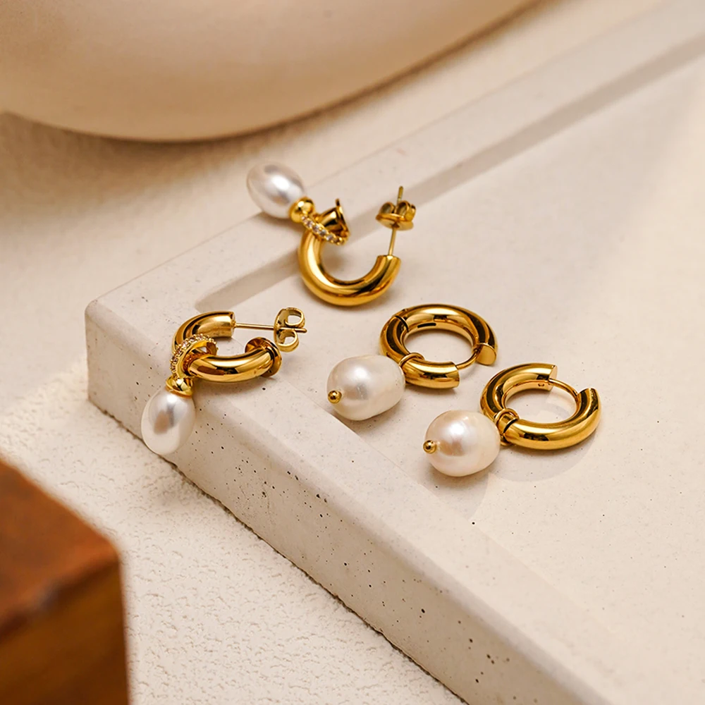 ENFASHION Aretes De Mujer Natural Removable Pearl Hoop Earrings For Women's Stainless steel 18K Gold Plated Dating Jewelry E1739