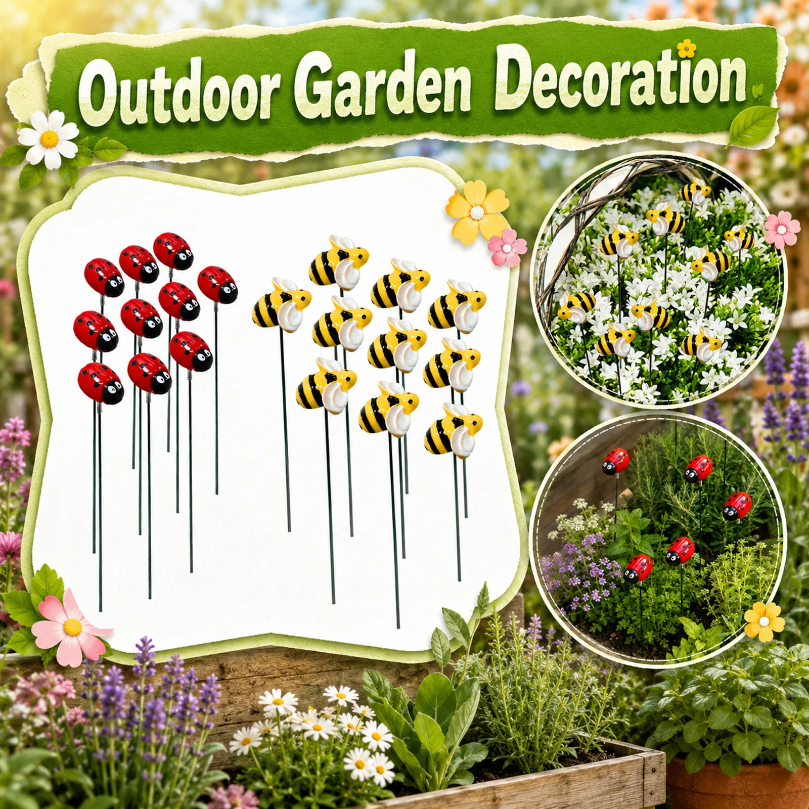 10pcs Ladybugs Design Outdoor Garden Stakes Courtyard Sign with Small Insects Lawn Stakes Ornaments for Flower Beds