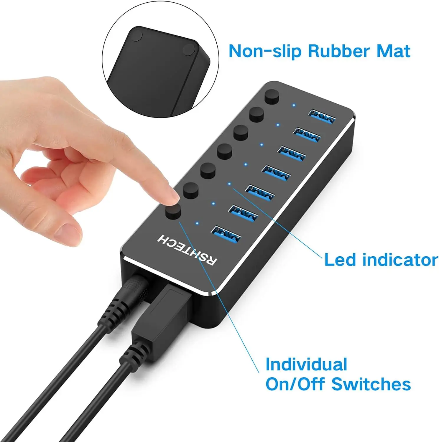 RSHTECH USB3.0 Hub Aluminum Industrial 7-Port Splitter Split Switch with 5V 2A Power Adapter for Macbook Mobile Phone Tablets