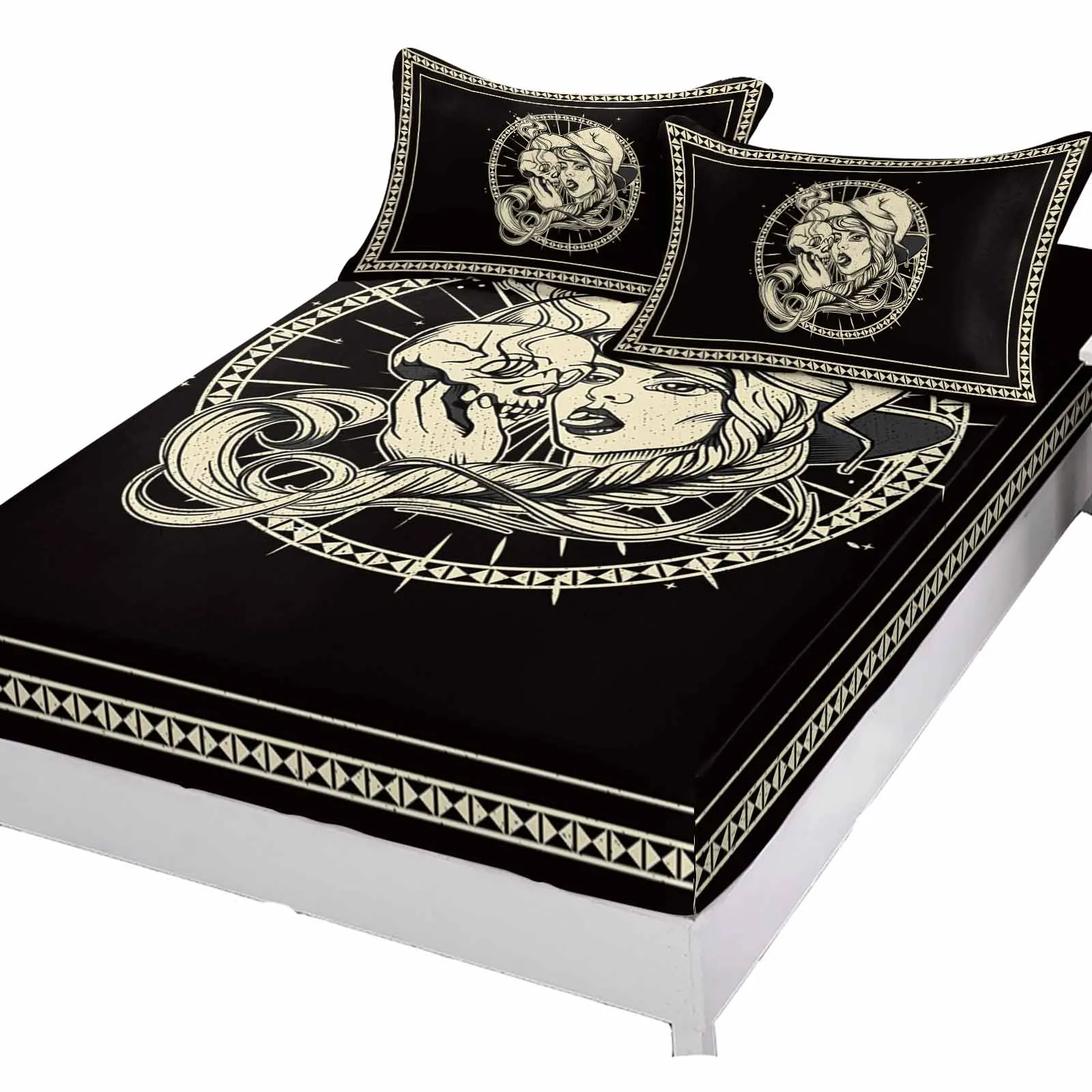 Halloween Witch Skull Fitted Bed Sheet Cover Elastic Band Anti-slip Mattress Protector for Single Double King