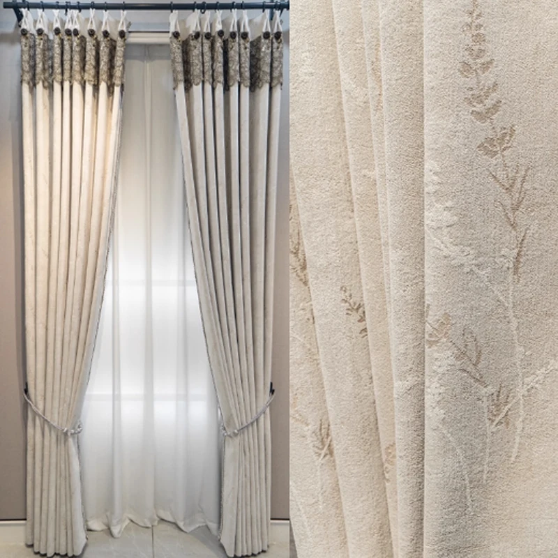 Pastoral Off White Jacquard Chenille Thickened Curtains for Living Room Bedroom Balcony Customized French Window Finished