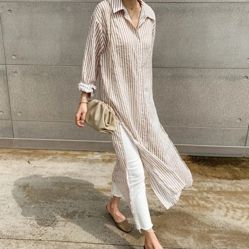 REALEFT Spring Summer Vintage Striped Women\'s Shirts Dress 2024 New Long Sleeve Single Breasted Korean Casual Loose Dresses