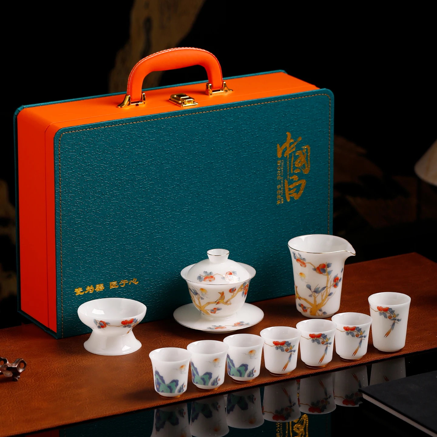 

High-End Cerc Tea Set Gongfu Tea Utensils Ice Jade Porcelain Tea Cup Cover Bowl Home Use Luxury Souvenir Gift Box