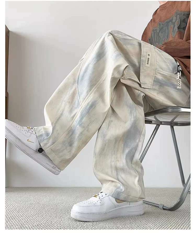 2025 Spring and Autumn American Style Tie-Dye Men's Black Cargo Pants Plus Size High Waist Straight Loose Casual Apricot Pants