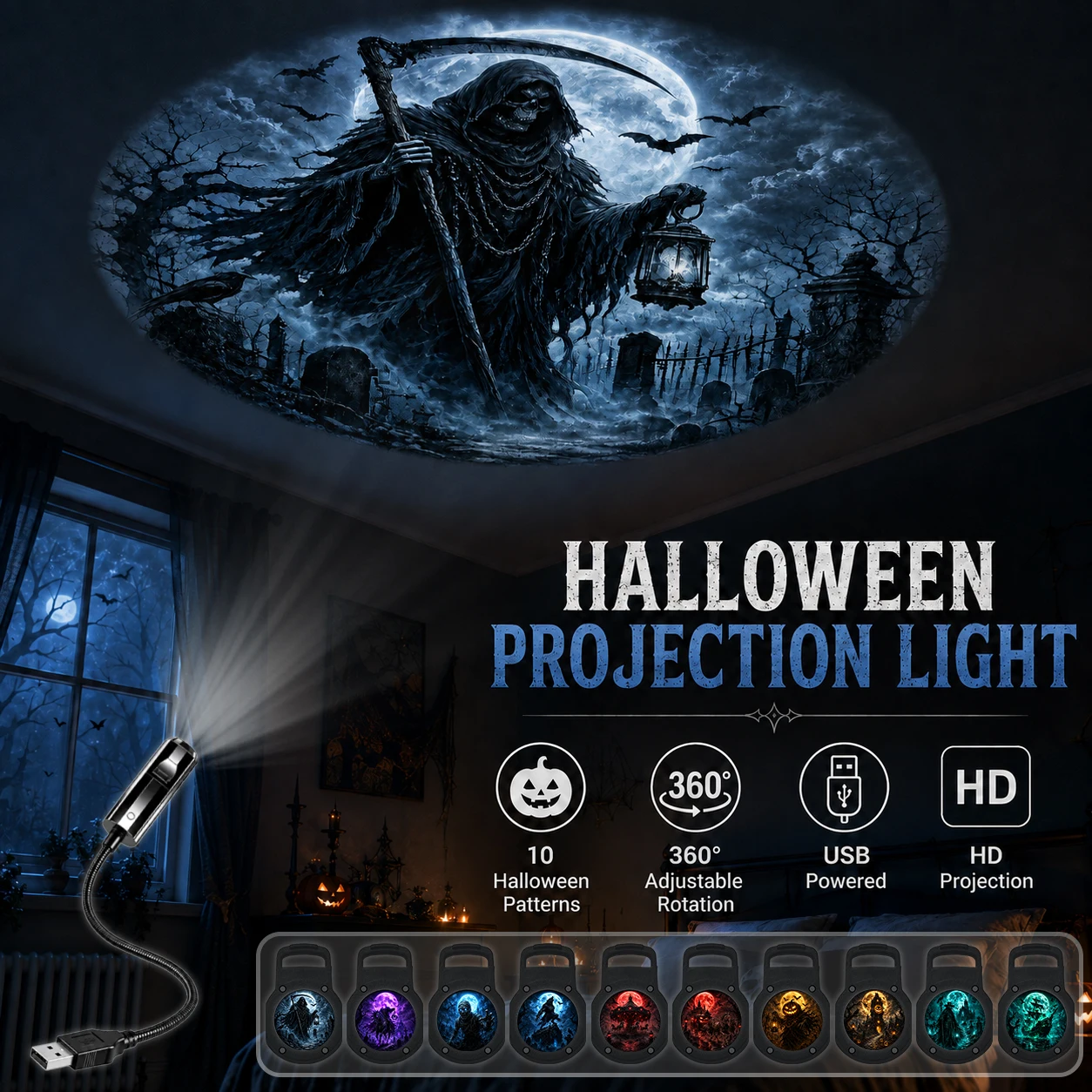 10 Halloween Pattern Projector Lights, 360° Multi-Angle Rotation, Suitable for Wall/Ceiling Festive Decorations