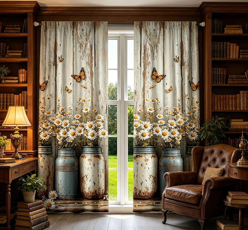 2PCS Digital Printed Curtains, Daisy Jar Vase Pattern, Rustic Pastoral Style for Living Room Bedroom Kitchen Home Decor