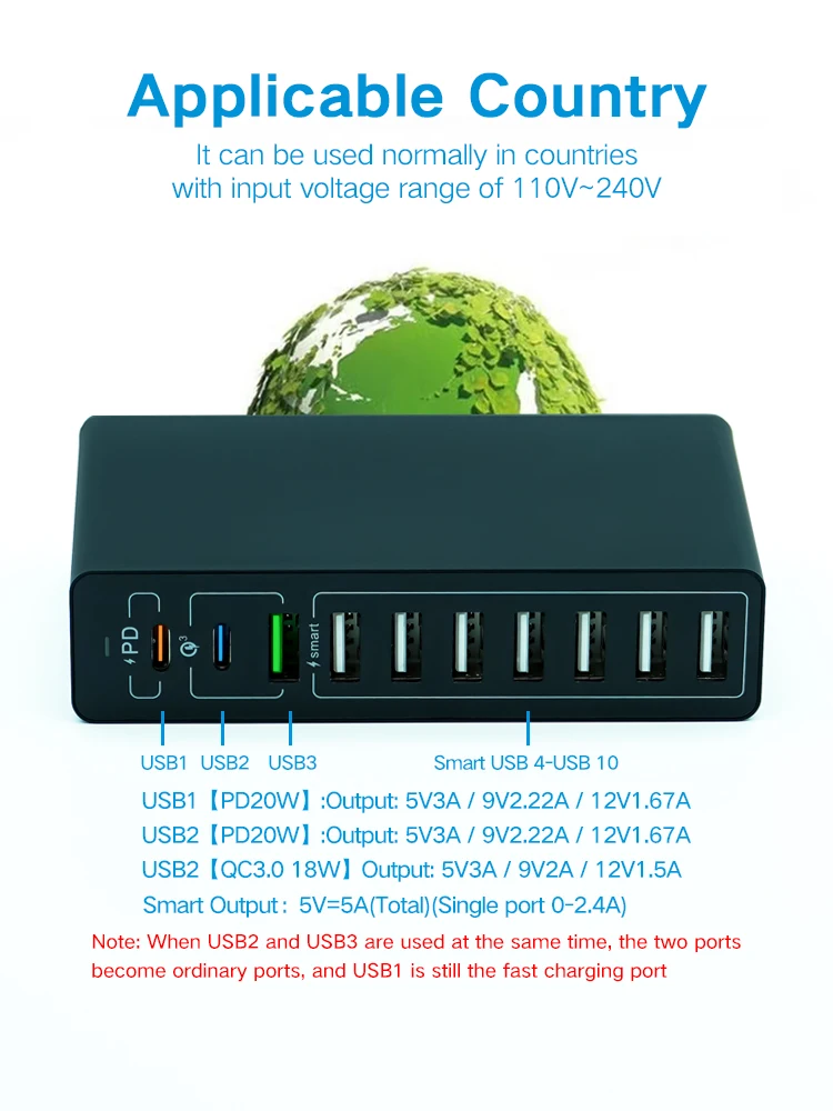 65W 10 Usb Fast Charging Charger Type C Pd 20w For Samsung Iphone 13 14 Pro Max 60W Mobile Phones Multiple Ports Hub Station