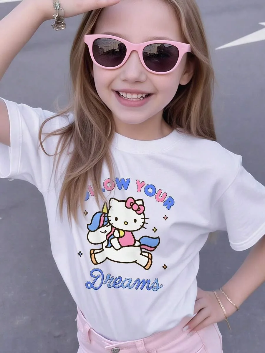تي شيرت Sanrio Kids' صيفي وخريفي بأكمام قصيرة تي شيرت Hello Kitty 'Sweet & Bubbly' مطبوع Kawaii يجب أن يكون للمراهقين من سن 4 إلى 14 عامًا