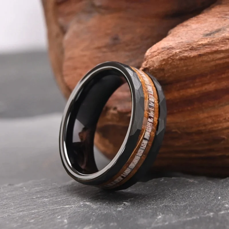 Bamboo Wood Deer Horn Inlaid Men's Engagement and Wedding Ring, Jewelry Gift 8Mm Tungsten Carbide Wood Grain Men's Ring