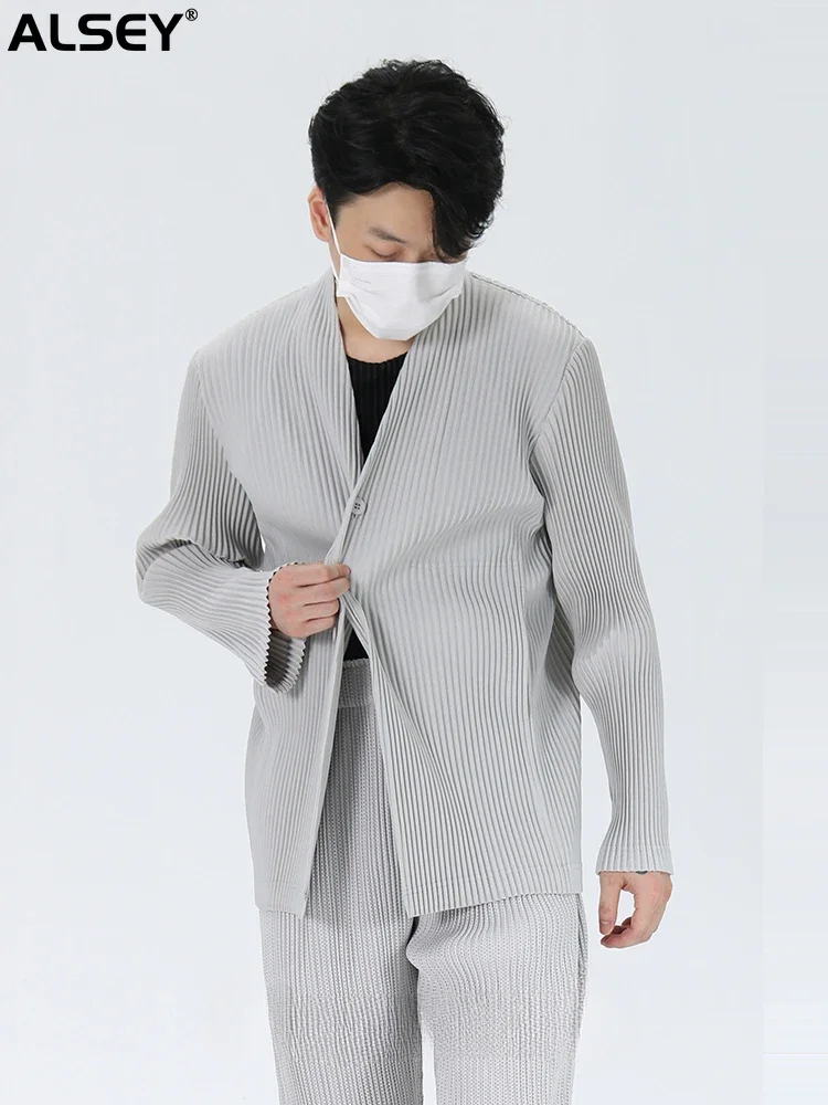 ALSEY Miyake Pleated Casual V-neck Large Size Suit Men's Solid Color High-end Jacket Long Sleeve Single Breasted Men's Jacket