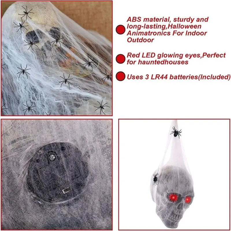 ABNL Halloween Decorations Animatronics Skull Head With Light Up Eyes, Cobwebs And Spiders Scary Horror For Haunted House Party view 3