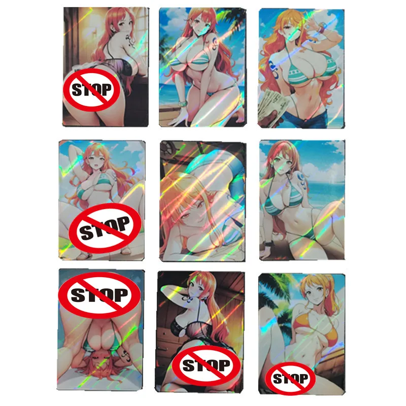 9Pcs/set Anime Sexy Nude Homemade Flash Cards One Piece Nami Beach Swimsuit Series ACG Game Toys Gift Collection Card DIY