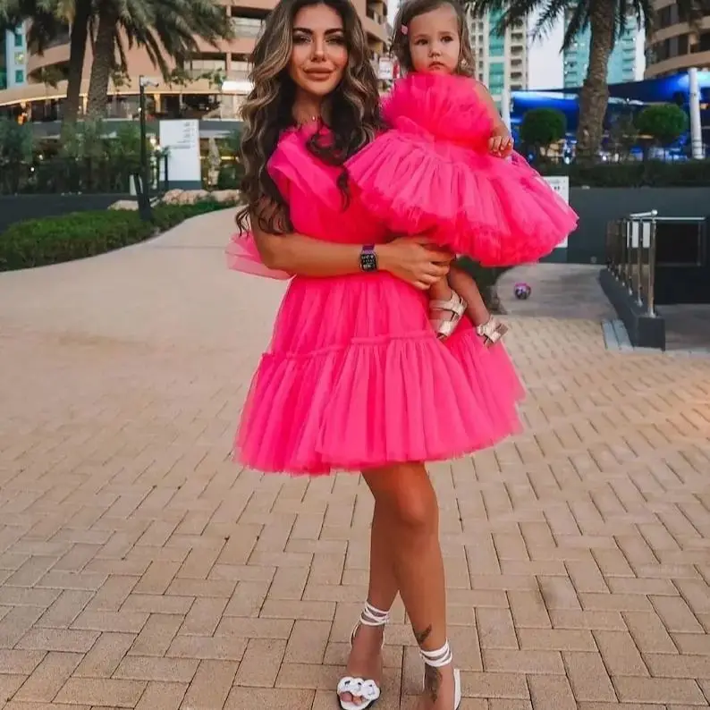 Strapless Hot Pink Tulle Mother and Daughter Dresses for Photoshoot or Party Short Mom and Me Dress Ruffles Lace up Back