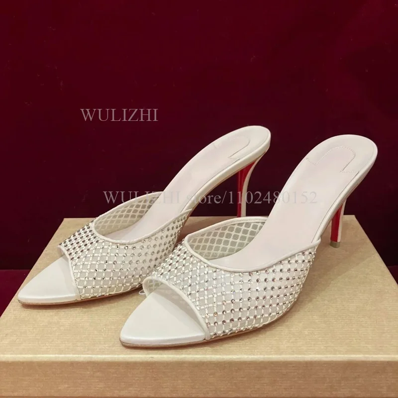 جلد أسود كعب مفتوح فضي كريستال شبكة النعال النساء خنجر Slingback الصنادل البيضاء فتاة حذاء كاجوال للحفلات خرز لامع