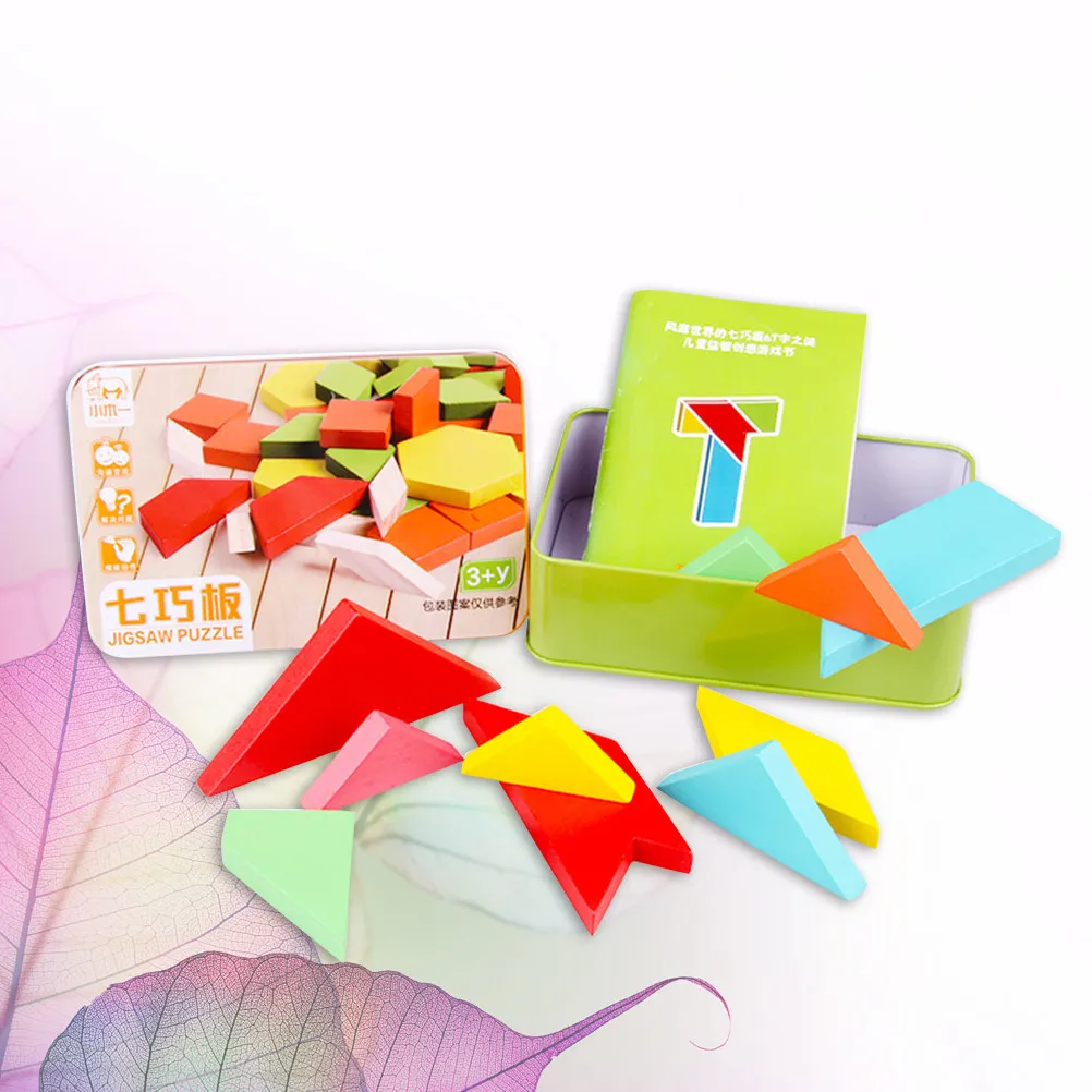 

Wooden Tangram Puzzle Educational Creative Jigsaw Iron Box Large Size Early Learning Kids Playing Piece Tangram