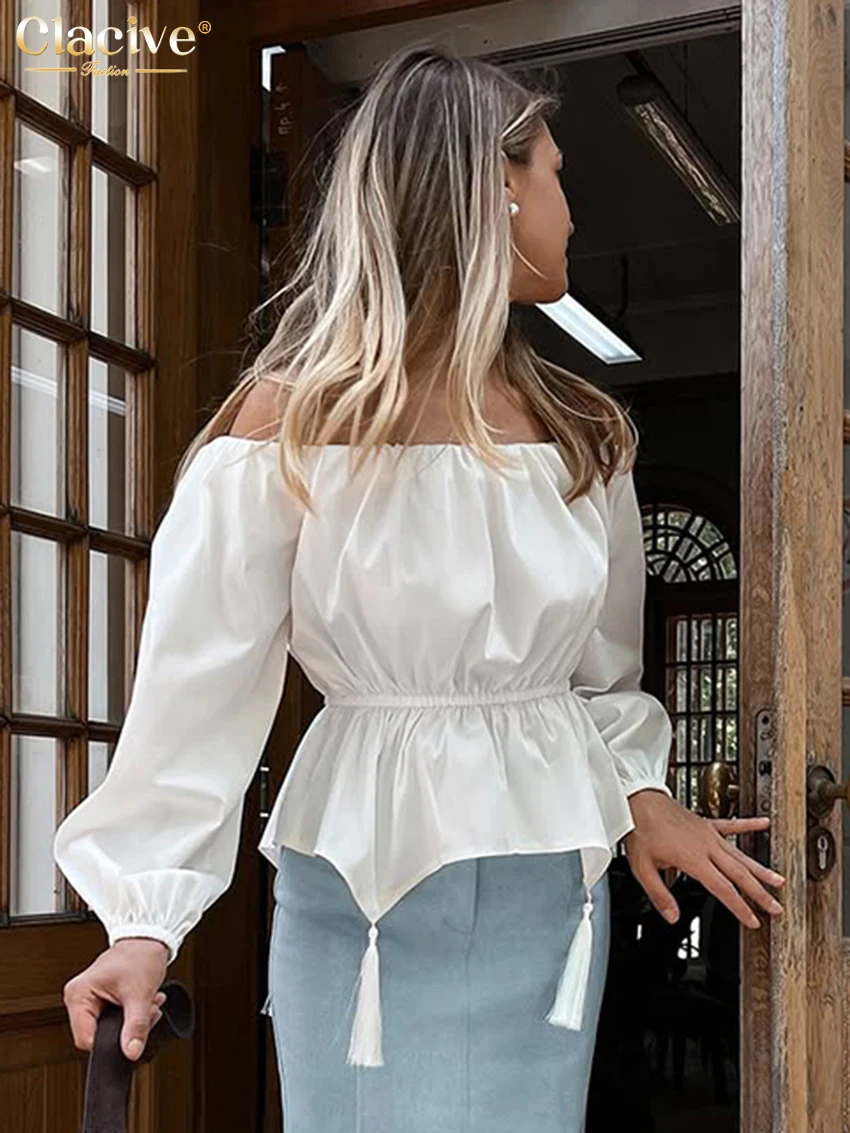 

Clacive Fashion Loose White Women's Shirt 2025 Sexy Slash Neck Long Sleeve Shirts Elegant Classic Solid Top Female Clothing