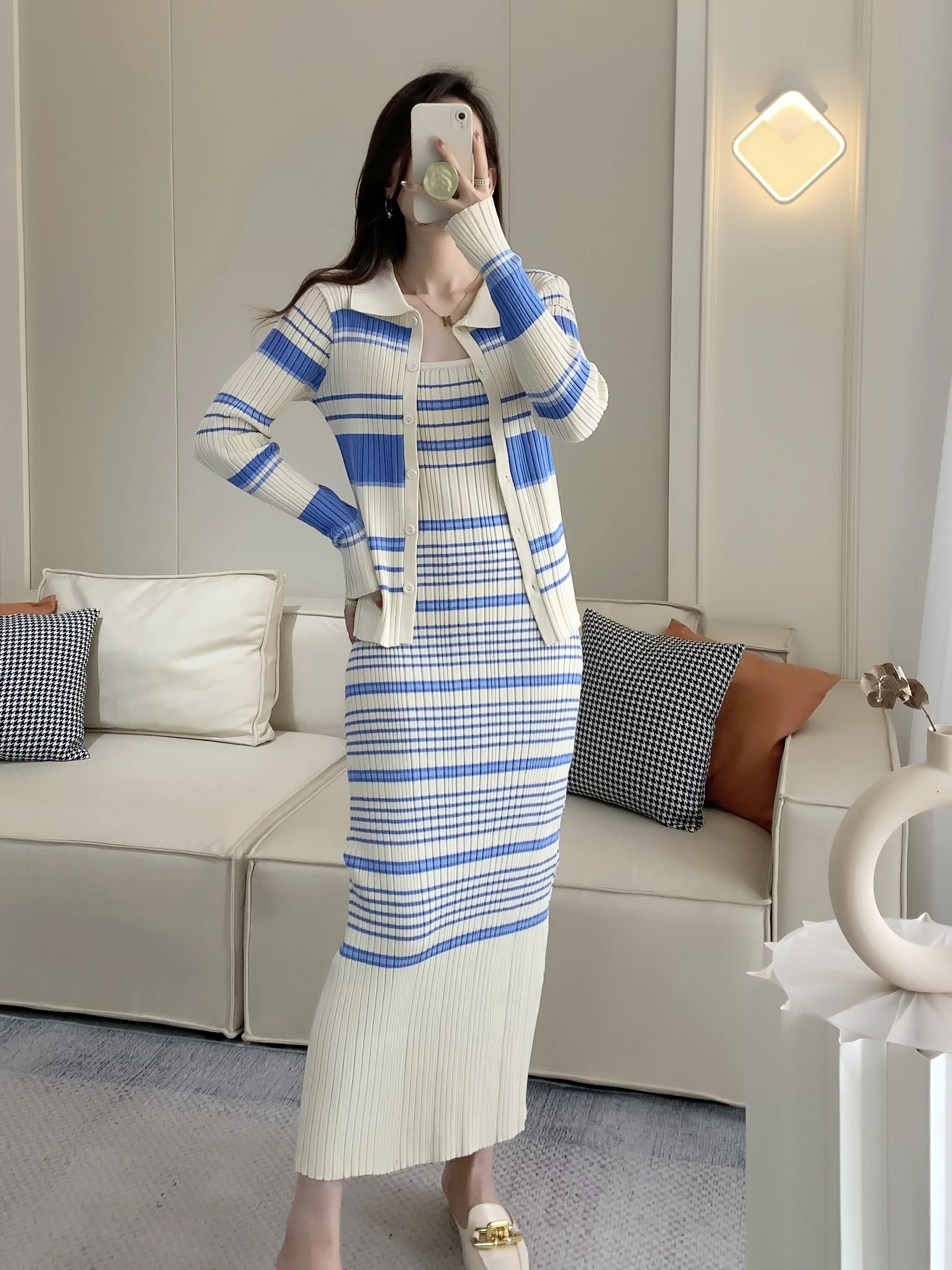 Casual Knitted Skirt Suits Female Korean Fashion Striped Long Sleeve Cardigan Sweater Coat Strapless Mid Dress 2 Piece Sets