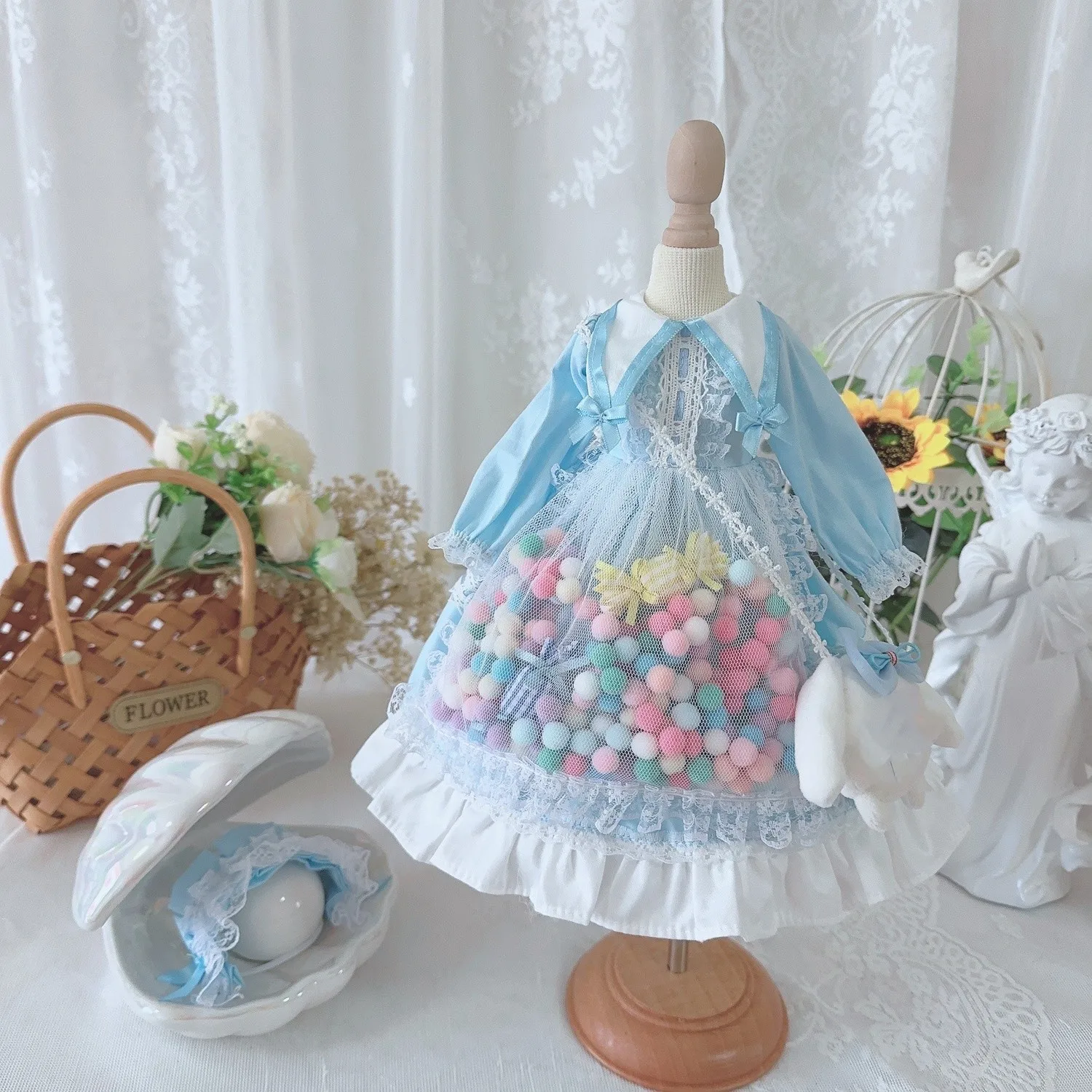 

BJD Doll clothes Suitable for 1/3 1/4 1/6 size blue lace long-sleeved dress + headdress doll accessories (bag not included)