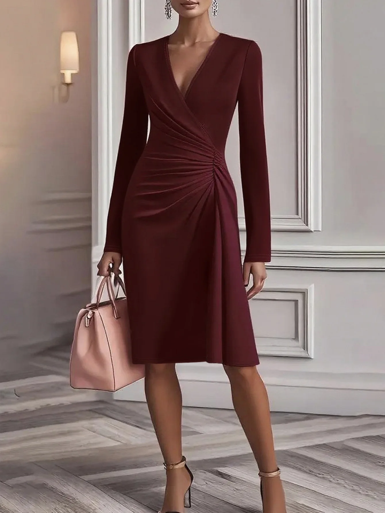  Schickes Damen-Wickelkleid mit V-Ausschnitt, Raffung, Midi-Länge, Langen Ärmeln und Asymmetrischem Saum, Formelles Kleid für Elegantes Büro und Pendeln – Detail 5