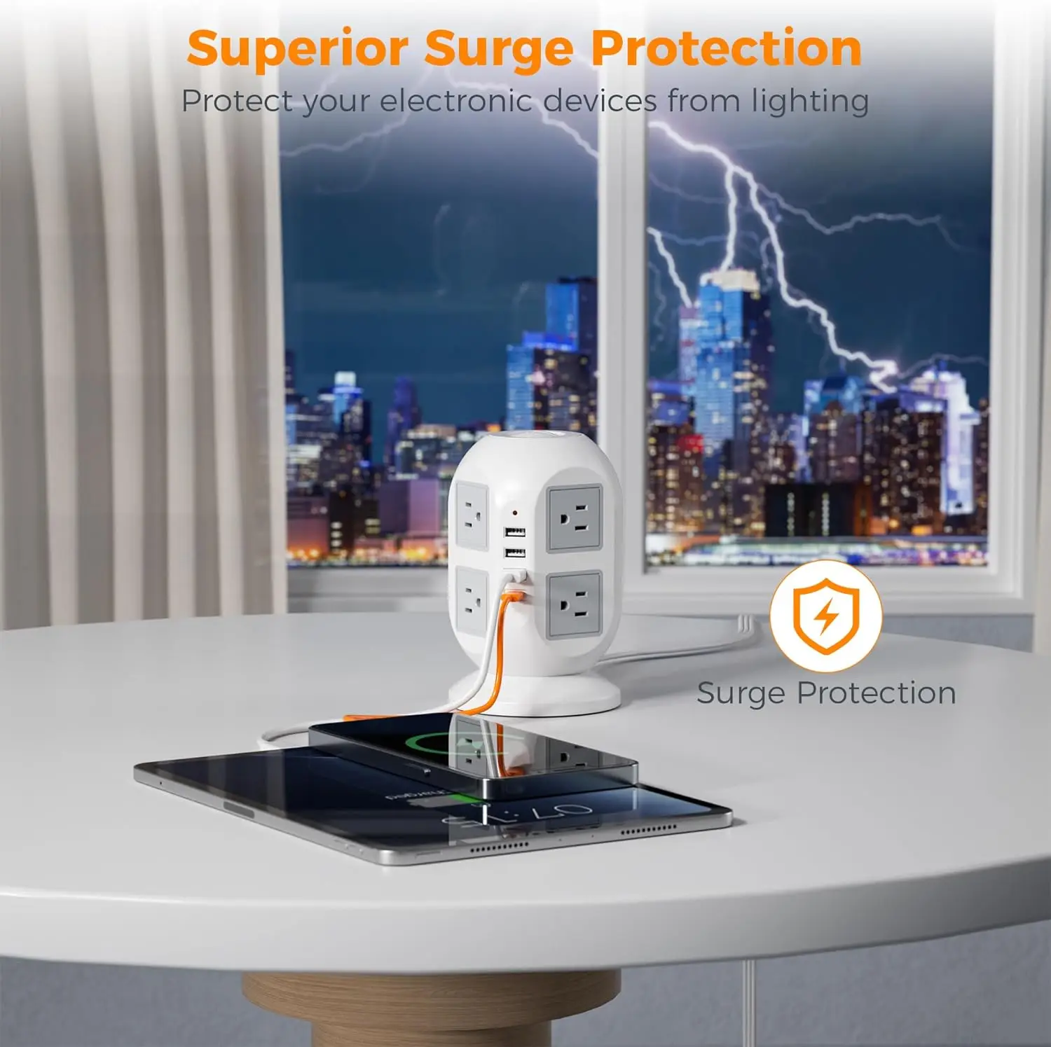 TESSAN Tower Surge Protector Power Strip with 8 Outlets 3 USB Ports 1 Type C 10ft Ultra Thin Flat Extension Cord for Home Office