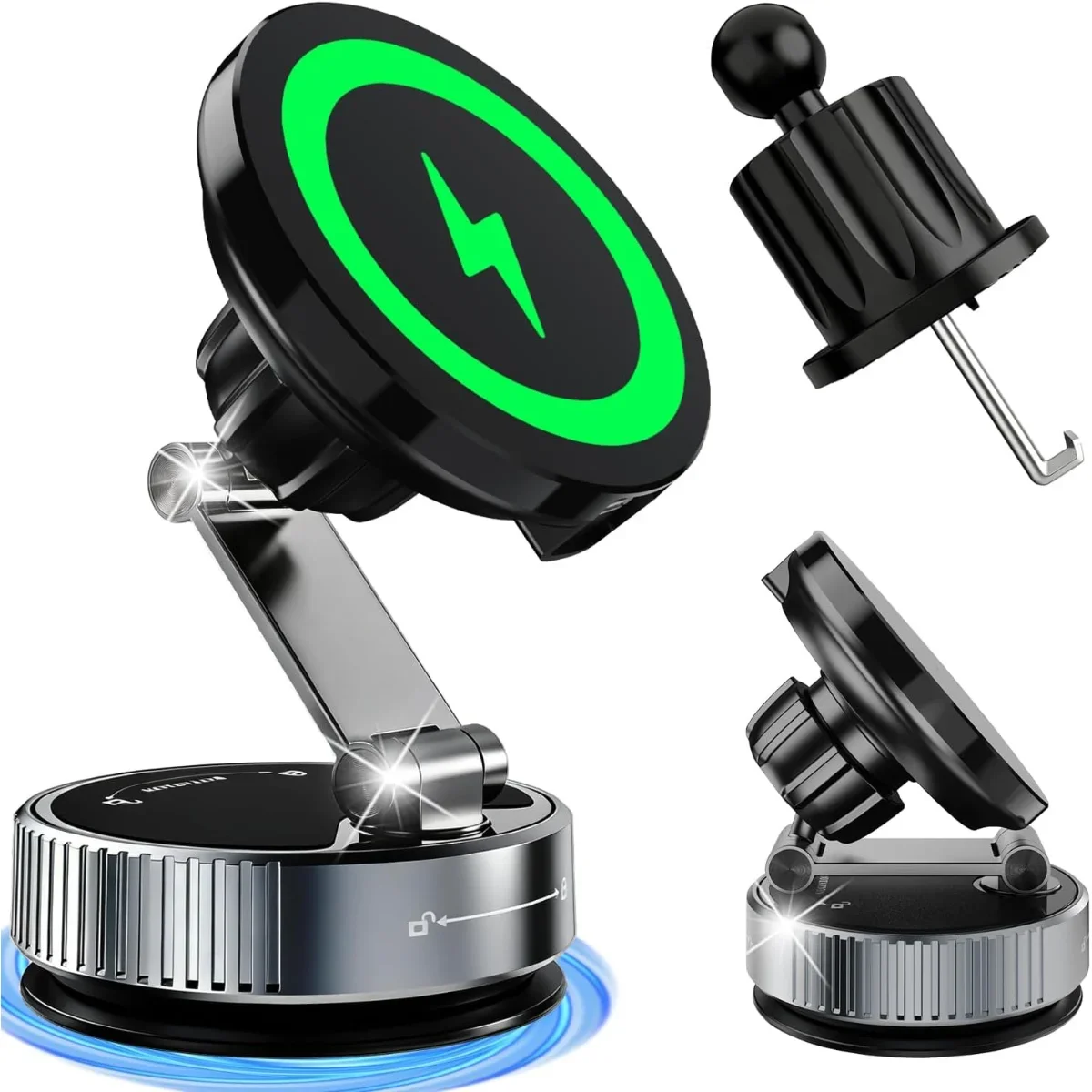 Magnetic Wireless Car Charger Vacuum Suction Cup & Hook Phone Holder Stand for Magsafe iPhone 17 16 15 14 13 12 Fast Charging