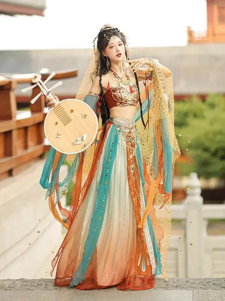 

НОВЫЙ экзотический танцевальный костюм Hanfu Feitian с экзотической вышивкой, костюм для выступлений, юбка для фотостудии в стиле вестерн