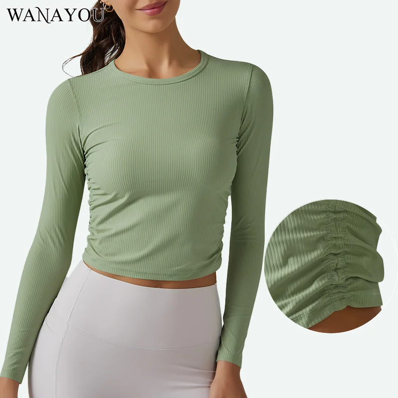 

WANAYOU Breathable Women Yoga Shirts Pleated Sides Sports Shirt Round Neck Gym Fitness Vest Ribbed Workout Running Crop Tops