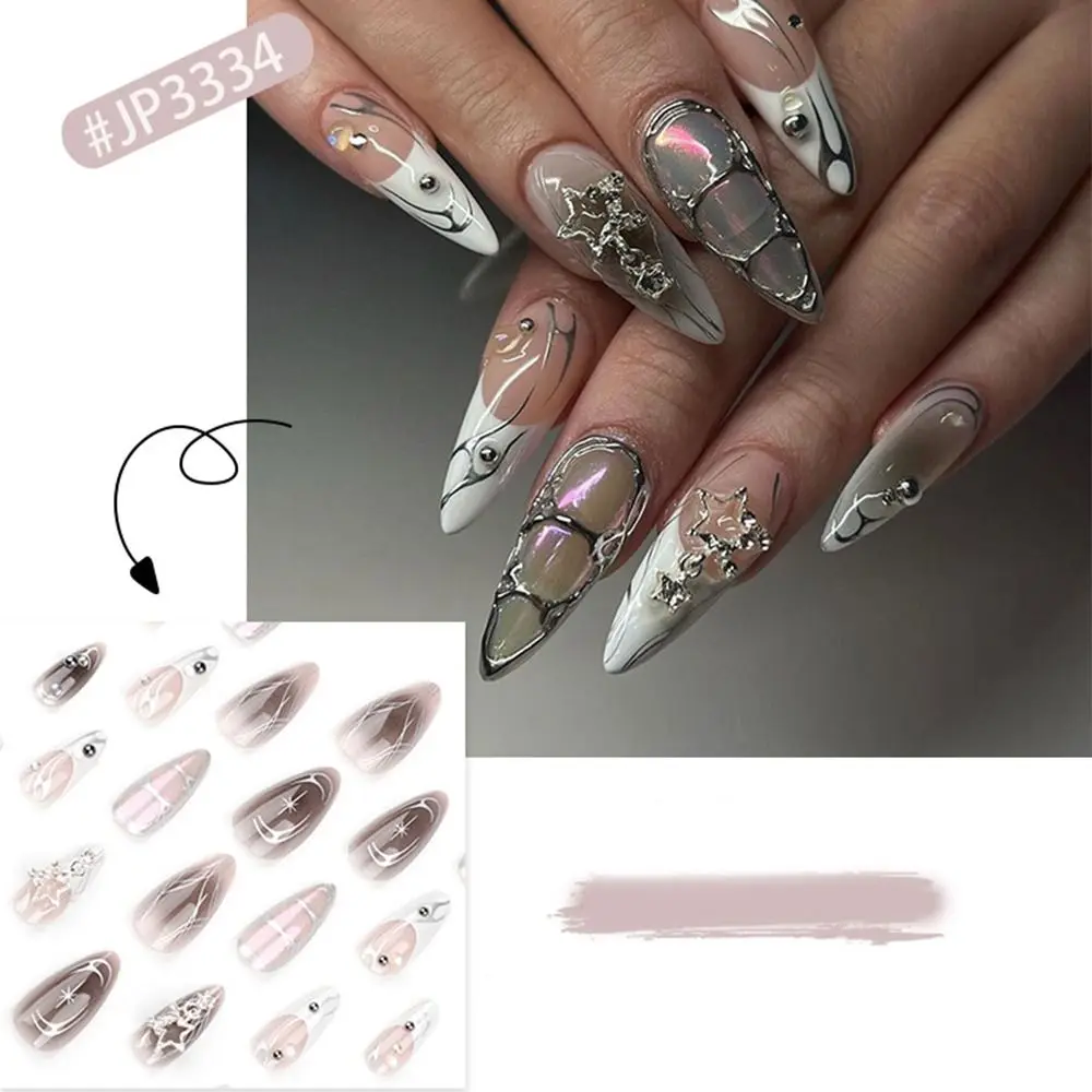 24pcs Long Almond False Nails Ballerina Stained Love Butterfly Flame Fake Nials Stiletto Detachable French Nail Tips Women