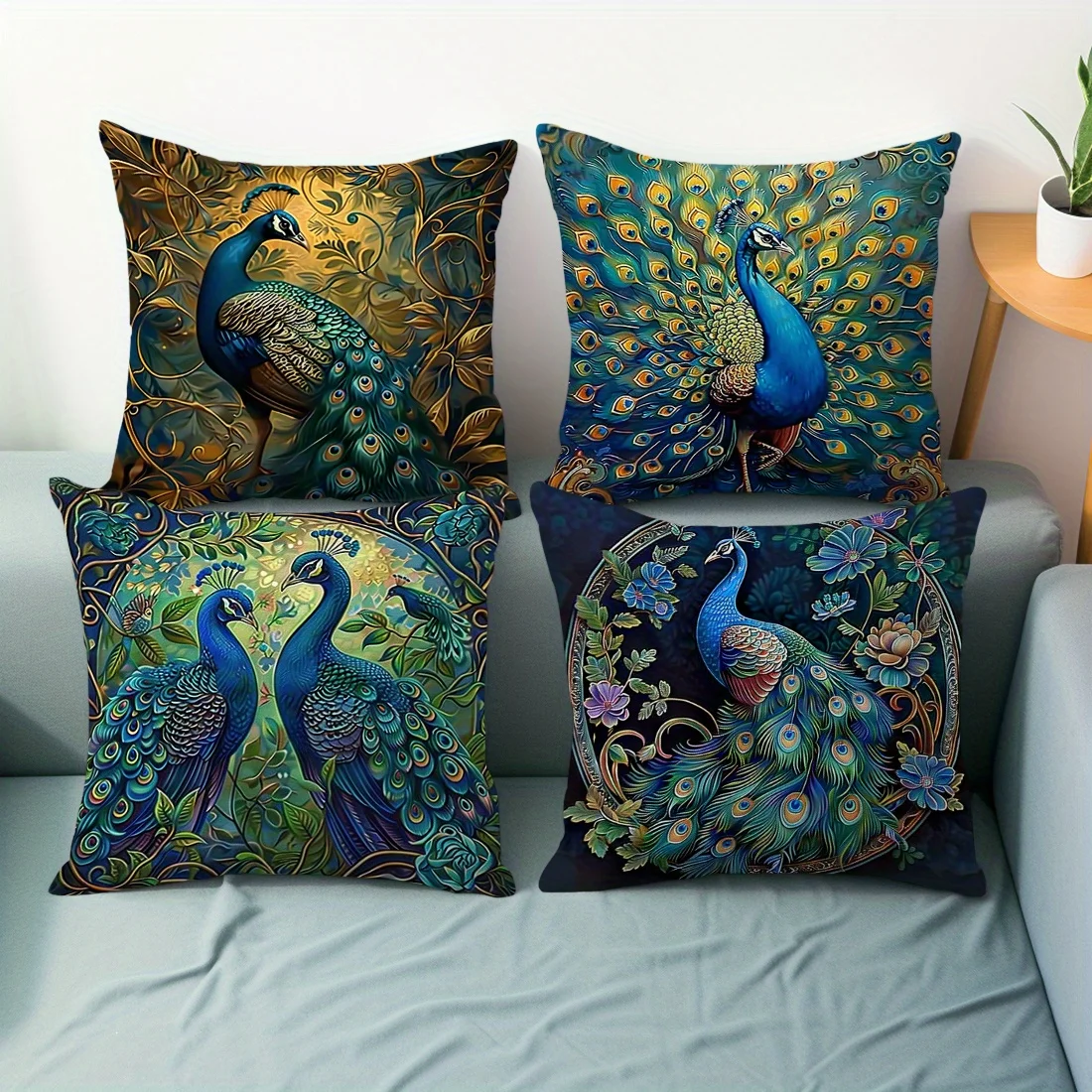 VIKAMA 4PC Luxury Peacock Pillow Set Gold Green Blue Feather Feather Living Room Master Sofa Bedroom Decoration