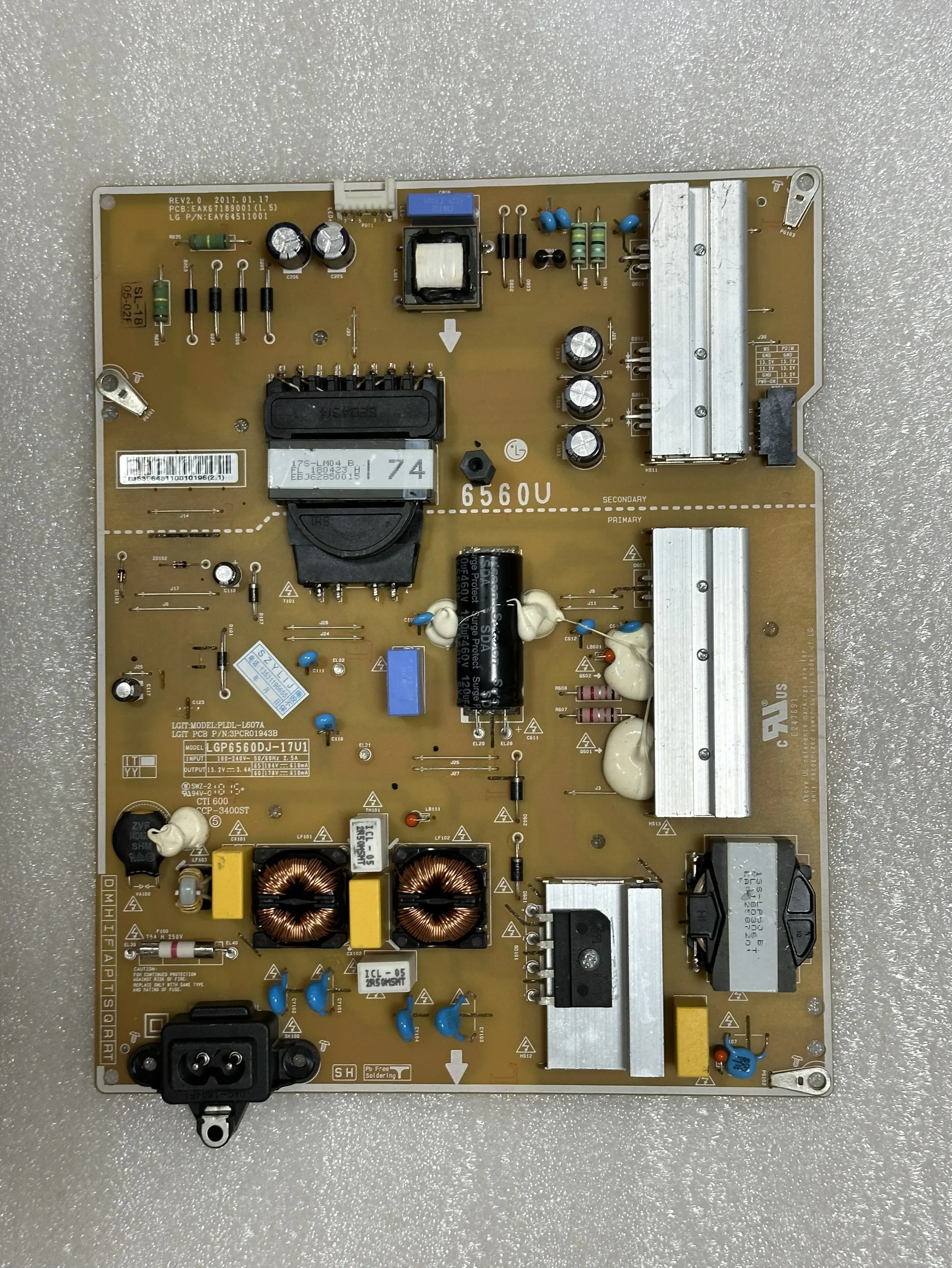 

Хорошая рабочая и оригинальная плата питания телевизора 65UJ6300 65LG63CJ-CA EAX67189001 (1,5) EAY64511001 LGP6560DJ-17U1