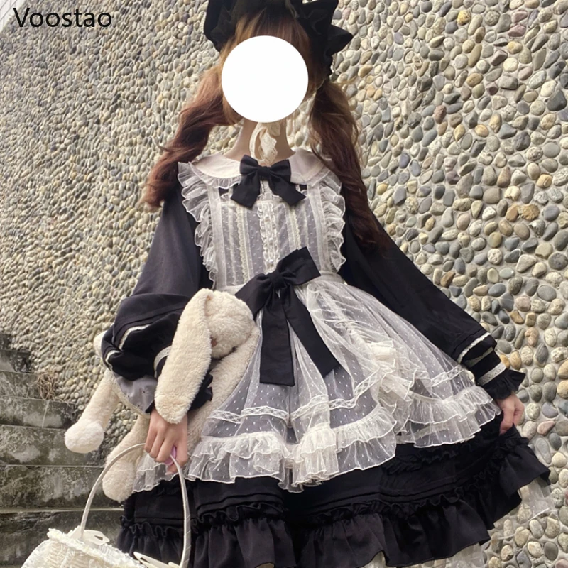 

Japanese Gothic Lolita Op Dress Women Vintage Cute Bow Lace Ruffles Long Sleeve Party Dresses Girls Sweet Chic Princess Vestidos