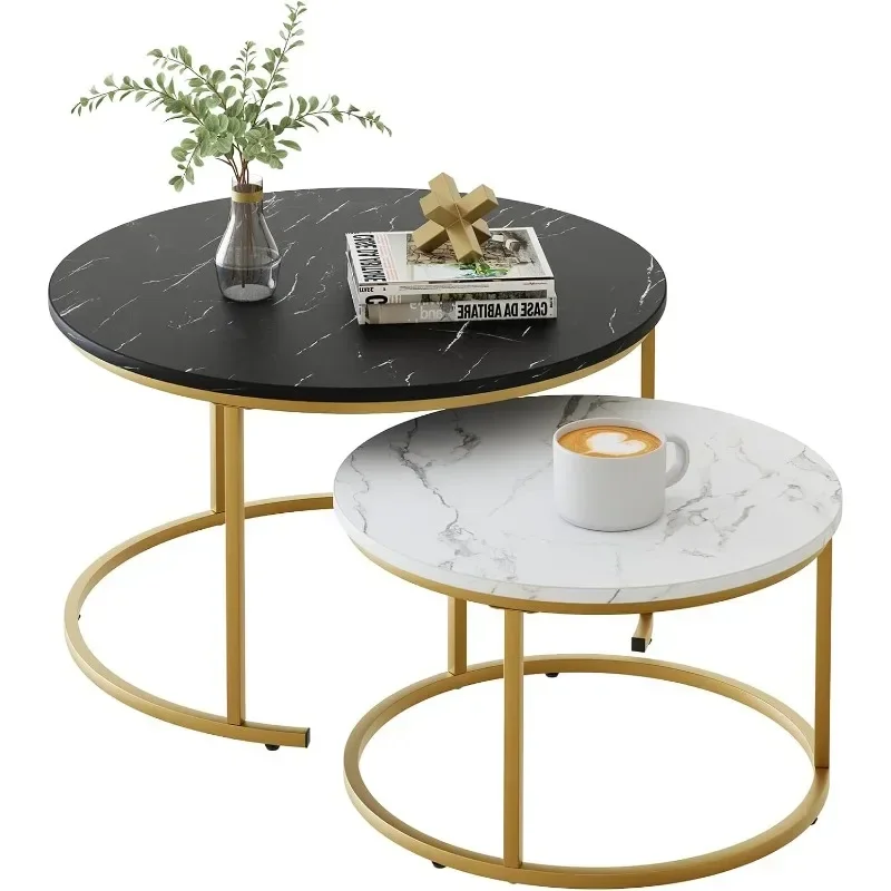 Marble Nesting Golden Coffee Table 31.5In Large Set of 2, Steel Frame Circular and Round Wooden Tables 31in