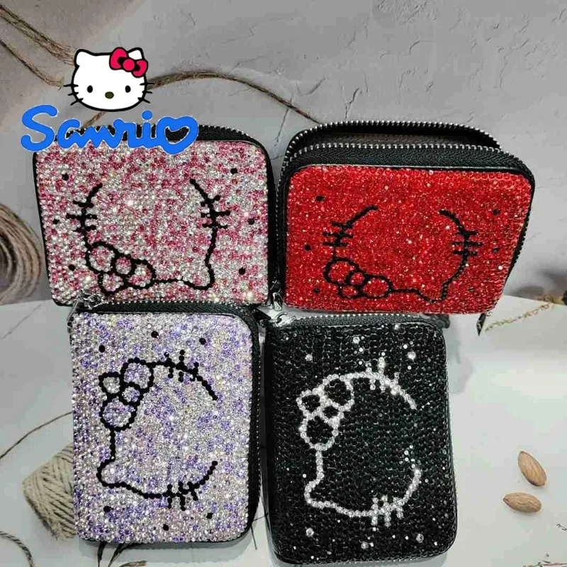 Hello Kitty Luxury Card Holder Genuine Leather Card Purse Handbag Women's Crystal Rhinestone Accordion Multi Slot Zipper Gift