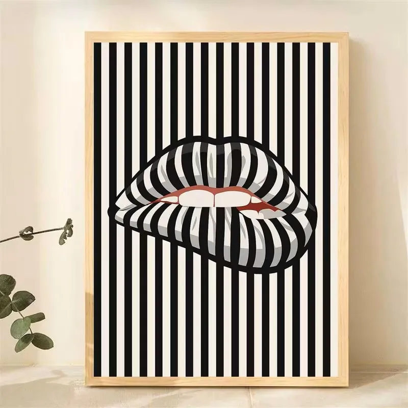 Simple and Abstract Striped Lip-shaped Canvas Poster Art Wall