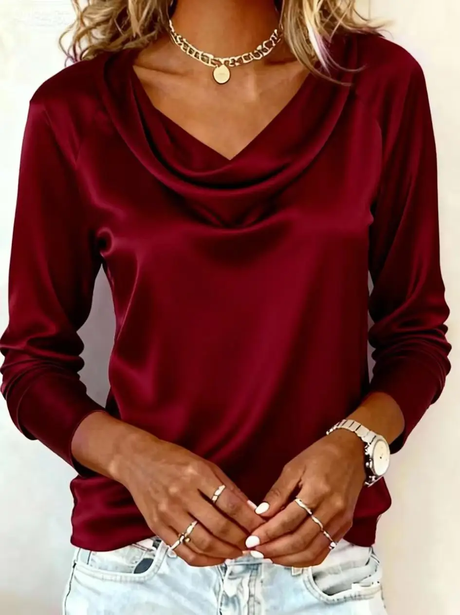  Women - Luxurious Draping Long Sleeve Silk-Like Top Chic Everyday & Office Wear