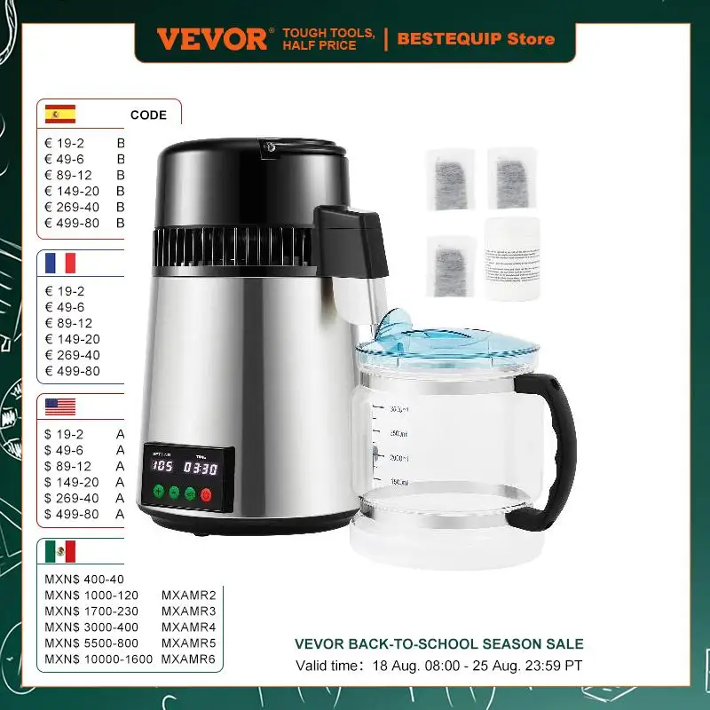 VEVOR 1.1 Gal Water Distiller 0.3 Gal/H 750W Distilled Water Maker Machine 0-99H Timing Set Temp Display 304 Stainless Steel