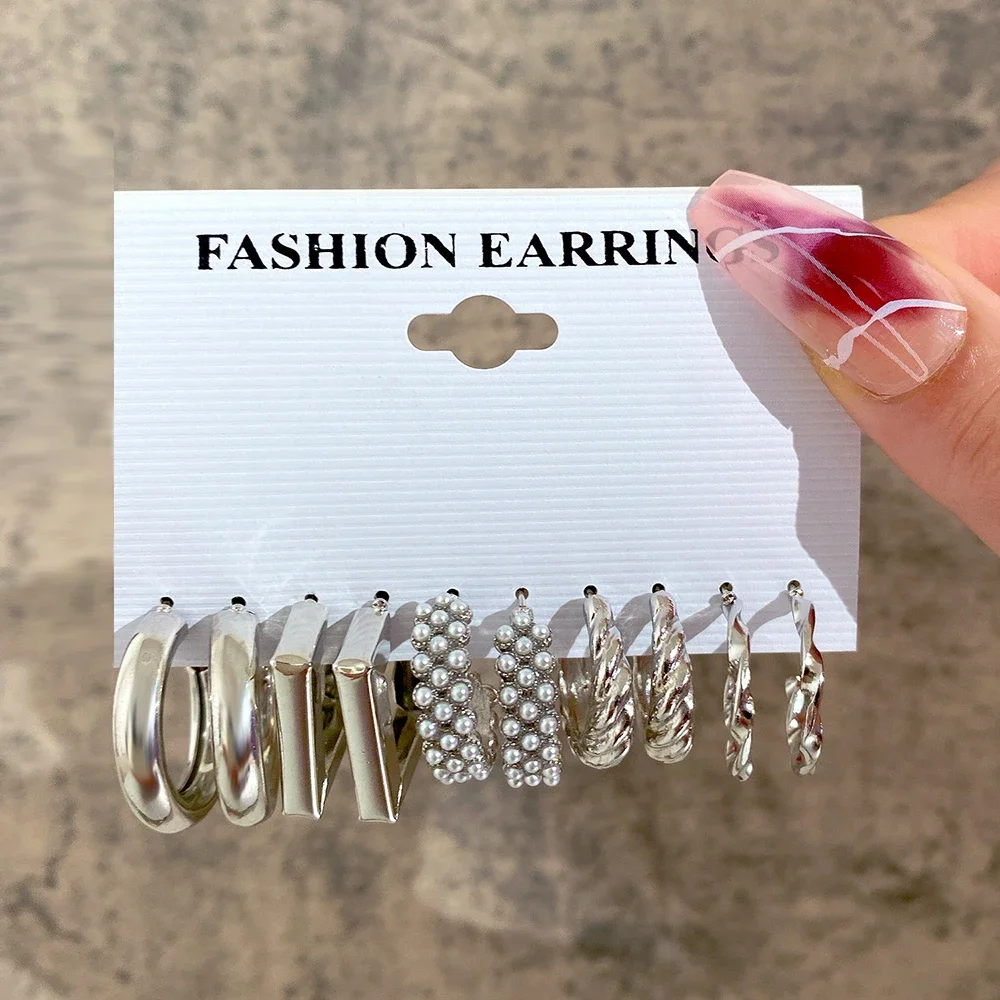Boho Big Circle Hoop Earring Set for Women, Gold Color Bohemia Vintage Pearl Earring Heart Zircon Ear Studs Jewelry Gifts