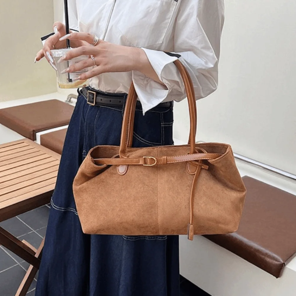 

Cute Korean Style Suede Shoulder Bag Tote Bag PU Leather Large Capacity Handbag Solid Color Bohemian Style Underarm Packs Travel
