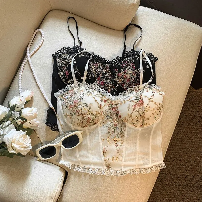 

French style new sweet strapless lace embroidery sexy fishbone corset pure desire beautiful back slim fitting breasted top
