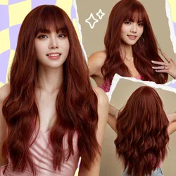 Red Wig with Bangs for Women Long Wavy Curly Wine Red Wig Synthetic Burgundy Wigs for Girls Daily Party Use (24 Inches)