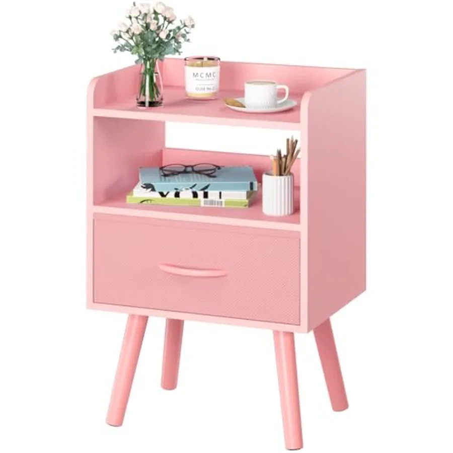 

Night Stand with Fabric Drawer, Modern Nightstand, Bedside Tables, Mid Century Nightstands with Open Storage Shelf, Wood Bedsid