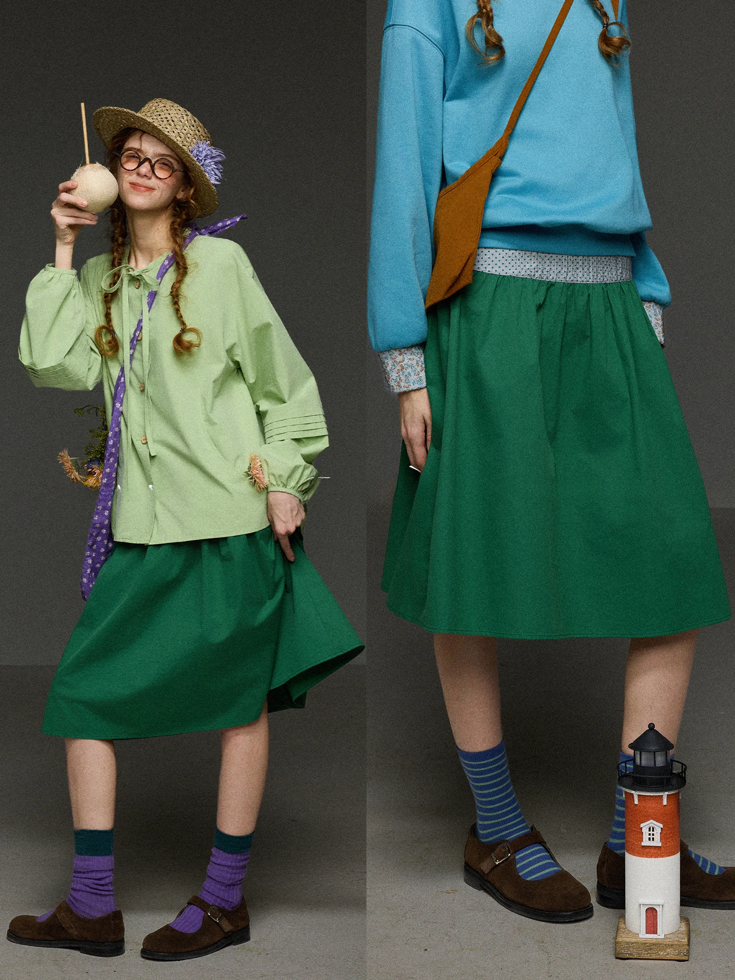 

High Waist A-Line Skirt Women's Casual Polka Dot Waist Splicing Color Block Spring Season Versatile Pleated Skirt