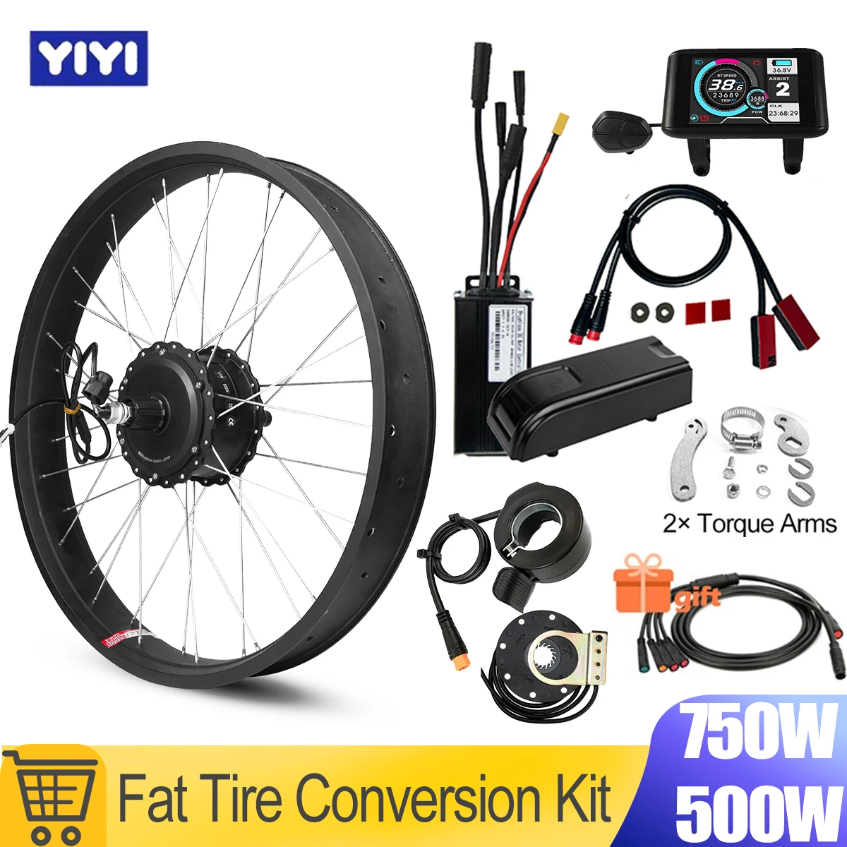 48V 750W 500W Fat Tire Conversion Kit Front Rear Waterproof Motor Wheel TFT UKC1 Display Sine Wave Controller 20 24 26 Inch