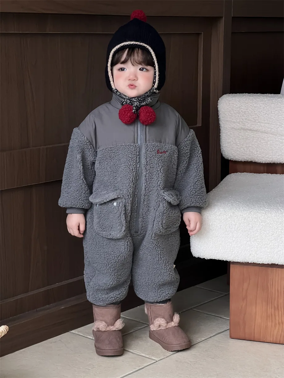 2024 Winter New Baby Fleece Romper Boy Girl Newborn Casual Splicing Jumpsuit Plus Velvet Thick Infant Toddler Warm Clothes 0-24M