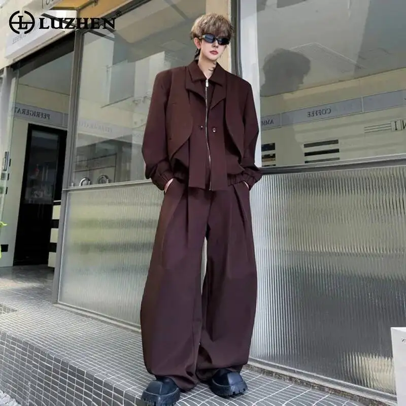 

LUZHEN Layered Original Male Multi Two-piece Sets Solid Color Patchwork Design Jacket Men 2025 Autumn Loose Casual Pants JY7243