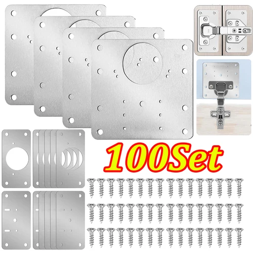 Juego de 2-100 placas de fijación de reparación de bisagras, Kit de placa de fijación de bisagra de acero inoxidable, soporte de reparación de montaje de bisagra con tornillos de fijación
